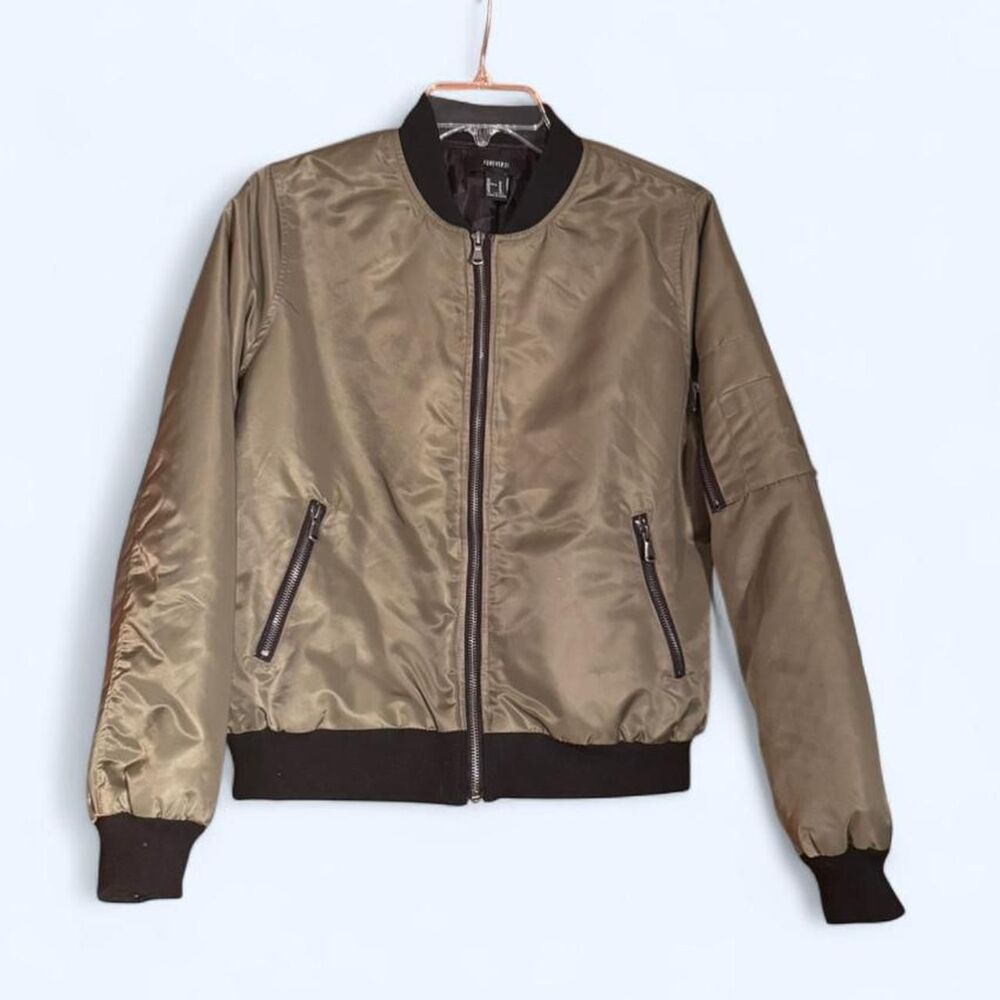 Forever 21 Women's Khaki and Green Shell Bomber Jacket - Medium